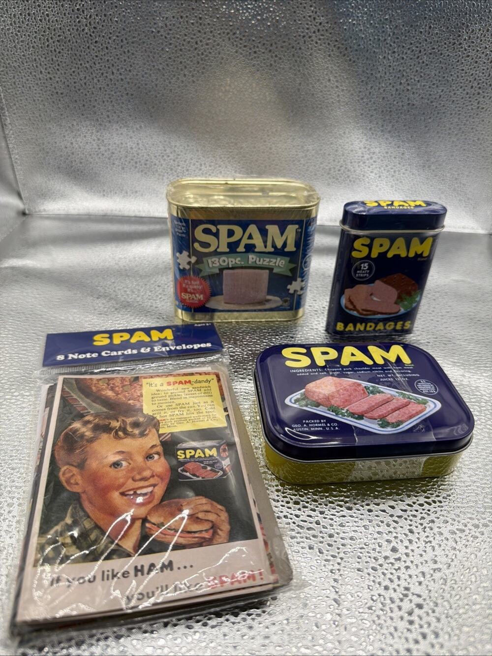 4 Lot Original Collectible Retro SPAM 130 Pc Puzzle Container Bandages Note Card
